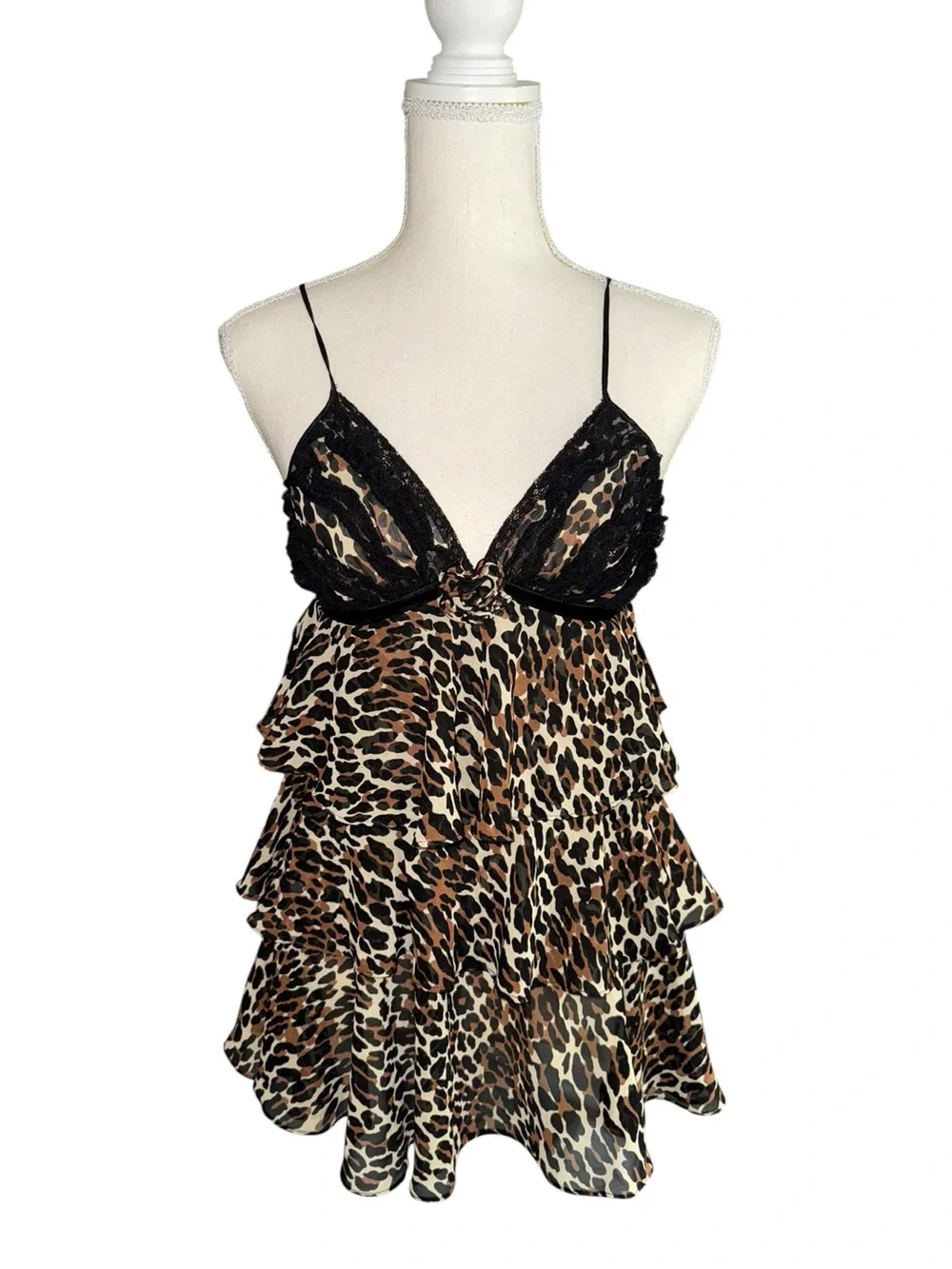 Betsey Johnson Y2k Vtg Leopard Print Lace-Trim Layered Chemise, Rose applique